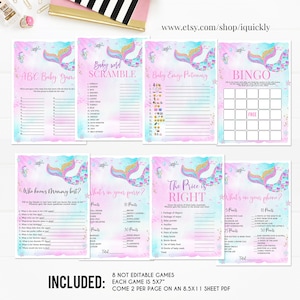 K&ouml;nnte beinhalten: Acht druckbare Babyparty-Spiele mit einem Meerjungfrauen-Schwanz-Design. Die Spiele beinhalten: ABC Baby Game, Baby Word Scramble, Baby Emoji Pictionary, Bingo, Wer kennt Mama am besten, Was ist in deiner Handtasche, Der Preis ist richtig und Was ist auf deinem Handy. Jedes Spiel ist 12,7 x 17,8 cm gro&szlig; und wird mit zwei Spielen pro 21,6 x 27,9 cm Blatt geliefert.