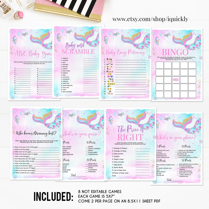 K&ouml;nnte beinhalten: Acht druckbare Babyparty-Spiele mit einem Meerjungfrauen-Schwanz-Design. Die Spiele beinhalten: ABC Baby Game, Baby Word Scramble, Baby Emoji Pictionary, Bingo, Wer kennt Mama am besten, Was ist in deiner Handtasche, Der Preis ist richtig und Was ist auf deinem Handy. Jedes Spiel ist 12,7 x 17,8 cm gro&szlig; und wird mit zwei Spielen pro 21,6 x 27,9 cm Blatt geliefert.