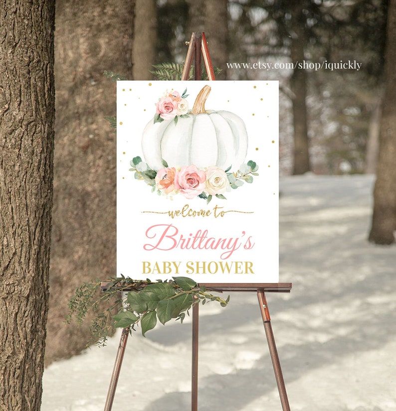 EDITABLE Pumpkin Floral Baby Shower Welcome sign, Pink and gold Pumpkin Sign Decorations Flower White Instant download Template Printable P1 image 1