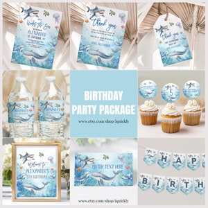 May include: Under the Sea themed birthday party package with blue and white decorations. Includes invitations, thank you tags, water bottle labels, cupcake toppers, a welcome sign, a banner, and a sign with the text "Enter Text Here".