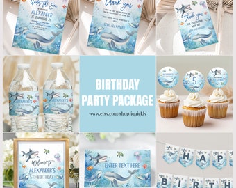 May include: Under the Sea themed birthday party package with blue and white decorations. Includes invitations, thank you tags, water bottle labels, cupcake toppers, a welcome sign, a banner, and a sign with the text "Enter Text Here".