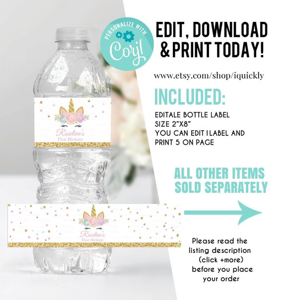editable unicorn bottle water labels unicorn baby shower pink gold unicorn glitter unicorn party instant download printable template by iquickly catch my party