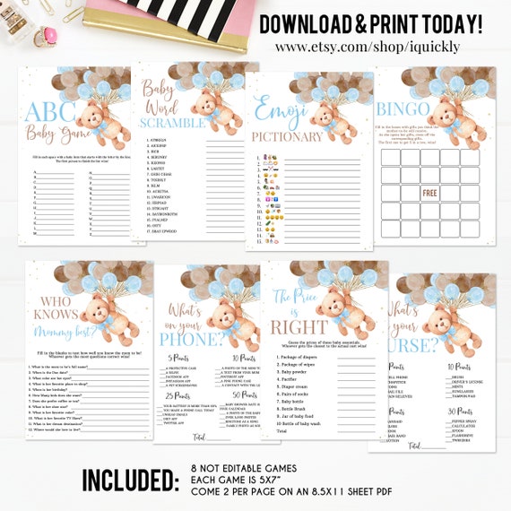 Teddy Bear Baby Shower Games,Boy Baby Shower Game Bundle,Bear Themed Bingo Emoji The price is right Instant Download Digital Il_570xn