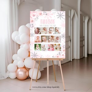 Hiver Onederland 1er anniversaire photo affiche flocon de neige modifiable première année bébé jalon board modèle imprimable mensuel téléchargement numérique