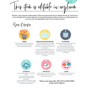 May include: Editable digital template for a party or event. The template is designed to be used with the Corjl.com website. The image shows a step-by-step guide on how to purchase, edit, and print the template. The text "This item is editable in corjl.com" is displayed in a colorful font.