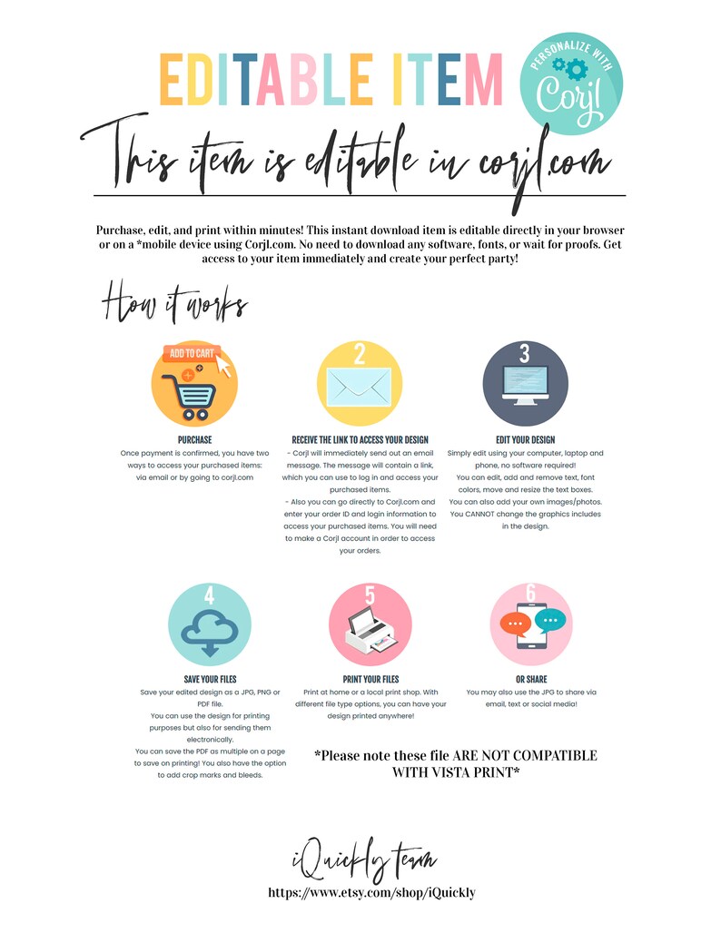 May include: Editable digital template for a party or event. The template is designed to be used with the Corjl.com website. The image shows a step-by-step guide on how to purchase, edit, and print the template. The text "This item is editable in corjl.com" is displayed in a colorful font.