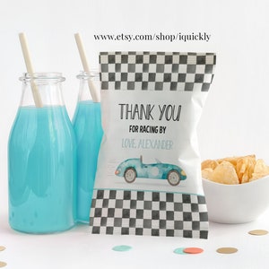 May include: A white favor bag with a black and white checkered pattern, a blue car illustration, and the text "Thank You for Racing By Love Alexander".