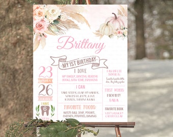 EDITABLE Pumpkin Milestone Birthday Poster First Boho Chalkboard sign Fall Pink 1st birthday poster Instant download templates PB07
