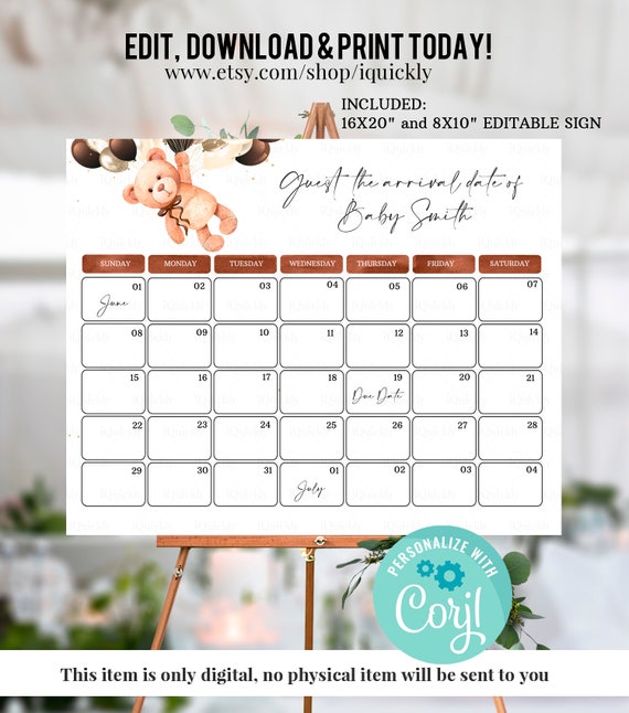 Editable Teddy bear Due Date Calendar, Pregnancy Announcement Calendar ...