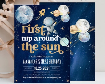 EDITIERBARE Erste Reise um die Sonne Weltraum Erste Geburtstagseinladung Galaxy Blast Off druckbare Vorlagen Digitaler Download Corjl