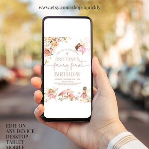 May include: A digital invitation for a fairy-themed first birthday party. The invitation features a watercolor illustration of fairies, mushrooms, and flowers in pink, peach, and green hues. The text reads "Join us to celebrate Brittany's fairy first birthday" and includes the date, time, and location of the party.