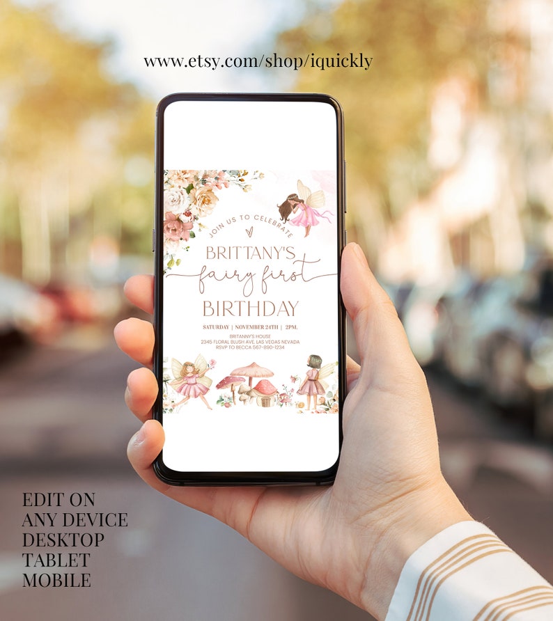 May include: A digital invitation for a fairy-themed first birthday party. The invitation features a watercolor illustration of fairies, mushrooms, and flowers in pink, peach, and green hues. The text reads "Join us to celebrate Brittany's fairy first birthday" and includes the date, time, and location of the party.