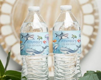 Editable Under the sea Water Bottle personalized Oneder the sea Bottle labels Sea Animals Ocean Theme whale shark printable download US01