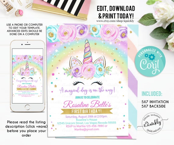 rainbow unicorn birthday invitation editable unicorn