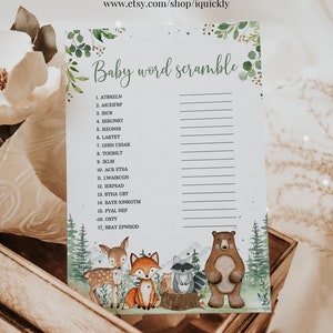 Jeux de baby shower des bois Baby Scramble, neutre entre les sexes Créatures des bois animaux Modèle de thème Téléchargement immédiat