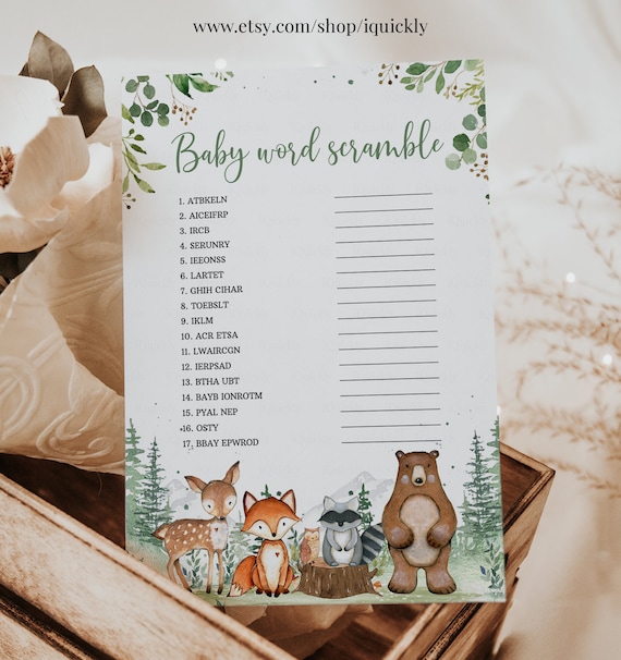Woodland Baby Shower Games Baby Scramble Gender Neutral Woodland creatures animals Theme Template Instant download