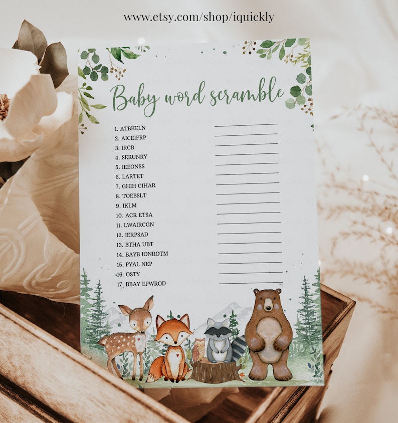 Woodland Baby Shower Games Baby Scramble Gender Neutral Woodland creatures animals Theme Template Instant download image 1