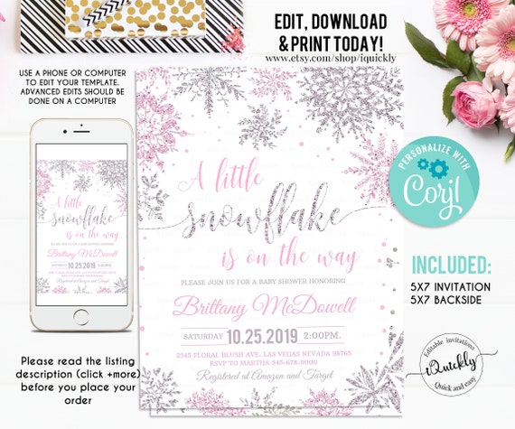 Editable Snowflake baby shower invitation, A little snowflake is on the way invitations, Girl Winter pink silver invites, Template download Il_570xn
