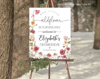 Wildflower Birthday Welcome Sign Editable Garden Floral Party Yard sign Baby in bloom Printable Template Digital BI201