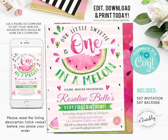 Editable Watermelon Invitation, One in a Melon First Birthday invitations, Pink Watermelon Party invite Instant download Printable digital Il_570xn
