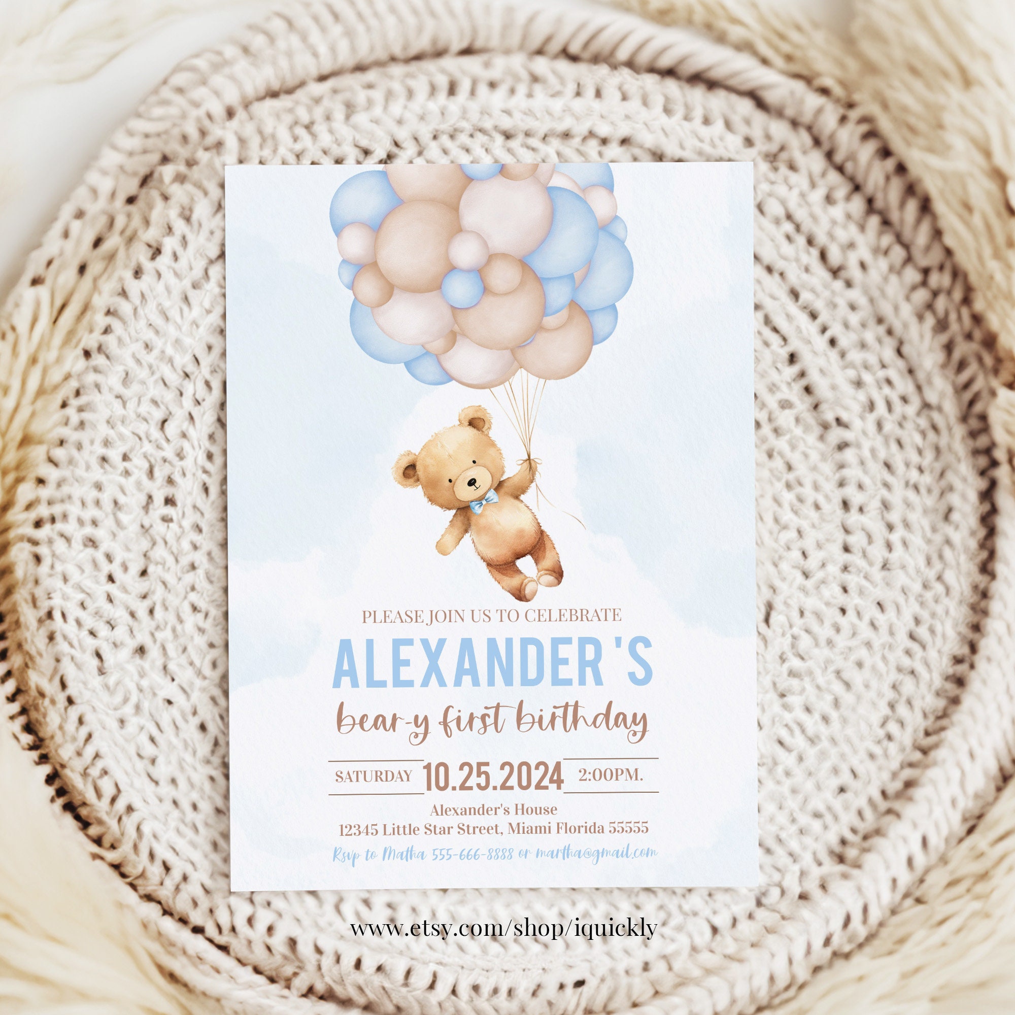 Beary First Birthday Invitation EDITABLE Teddy Bear Boy 1st Birthday ...