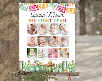 May include: A white poster with a colourful Mexican fiesta theme. The poster has a title that reads "Lillian Maeve My First Year". It features 12 photos of a baby girl in a grid format, each photo representing a month of the baby's first year.