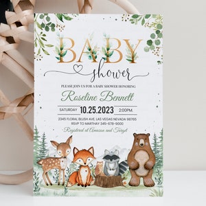 Woodland Baby Shower Invitation, EDITABLE Gender Neutral Woodland animals invitations, Woodland Theme Invites Template Instant download image 3