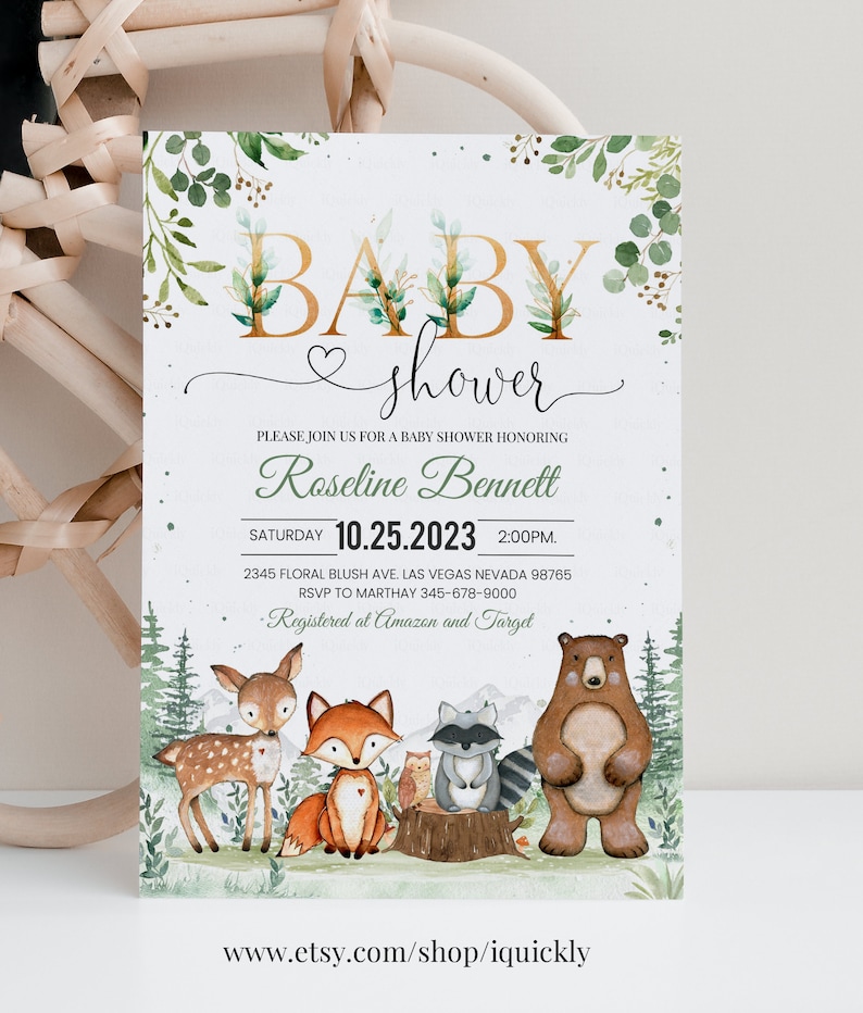 Woodland Baby Shower Invitation, EDITABLE Gender Neutral Woodland animals invitations, Woodland Theme Invites Template Instant download image 3