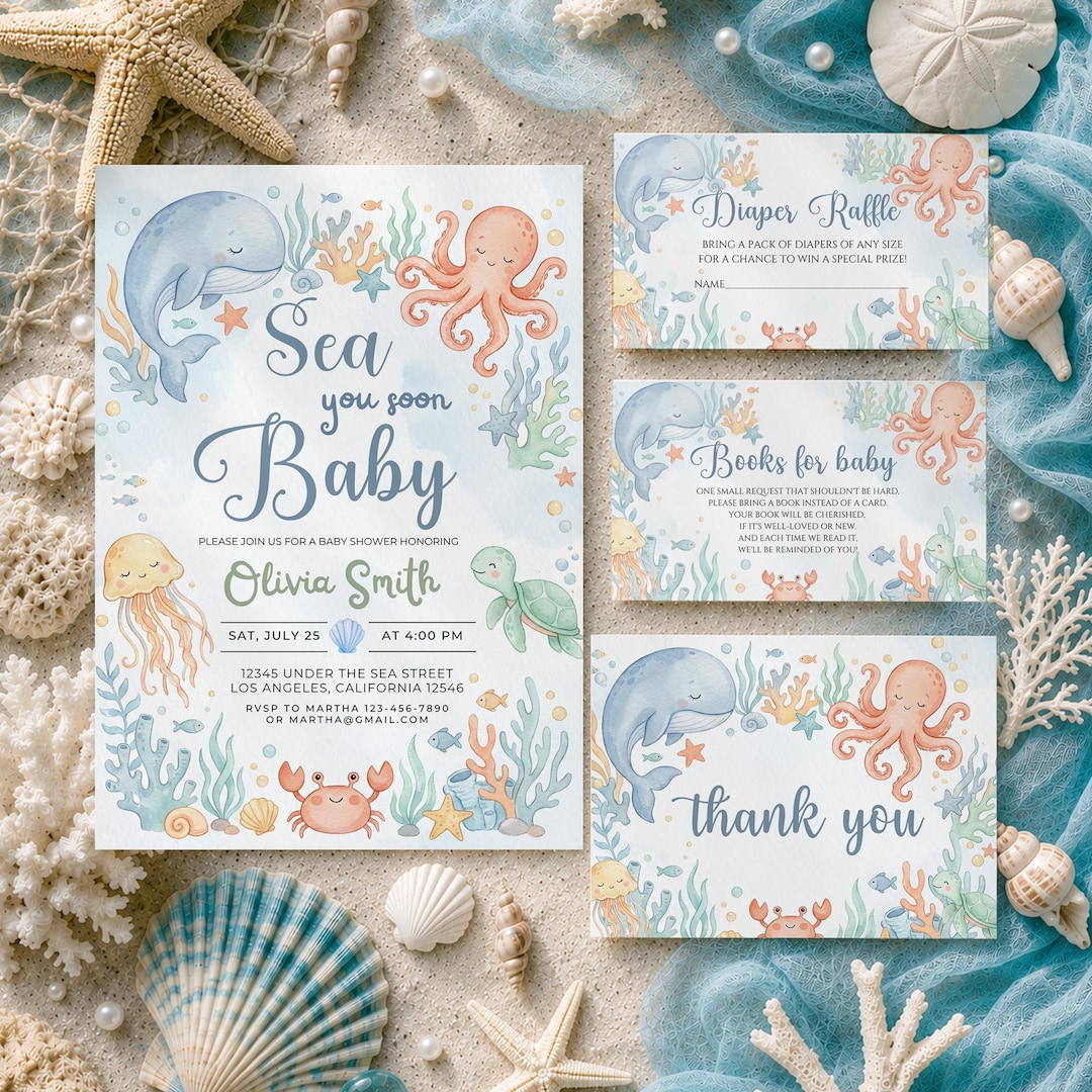 Sea You Soon Baby Shower Invitation Bundle: Under the Sea Coastal Theme ...