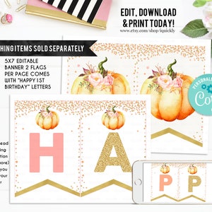 May include: A printable banner for a first birthday party with a pumpkin theme. The banner is decorated with gold glitter, pink flowers, and orange pumpkins. The banner says "Happy 1st Birthday".