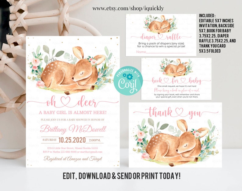 Editable Oh Deer Baby Shower Invitation Bundle, Floral Girl Baby deer Shower Invite Set Template Printable Digital Instant download image 1