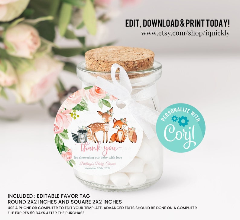 Woodland Baby Shower Favor tags EDITABLE, Girl woodland animals Thank you tags, Gift tags Woodland Theme Invites Instant download Printable