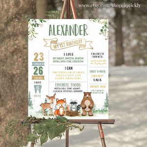 Poster di compleanno del bosco modificabile Primo compleanno Segno della lavagna Animali del bosco Poster del primo compleanno Modelli di download istantaneo W201