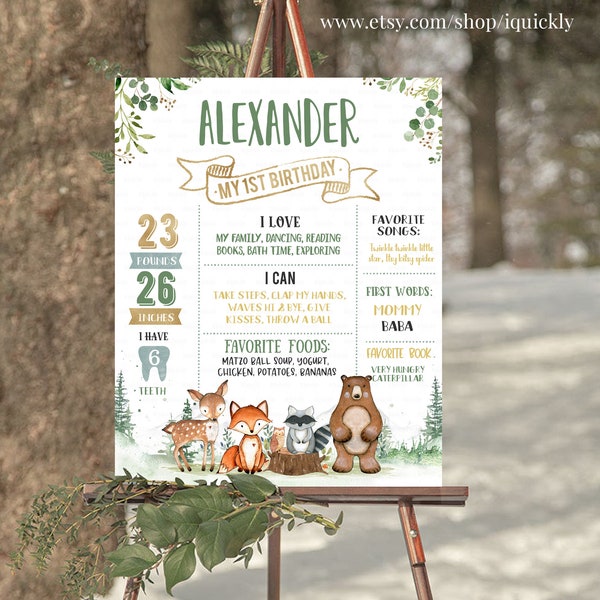 EDITABLE Woodland Birthday Poster First Birthday Chalkboard sign Woodland animals 1st birthday poster Instant download templates W201