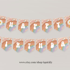 Bewerkbare Happy Birthday Banner Groovy Daisy Birthday Girl Hippie Retro Party Decorations Instant Download afdrukbare digitale G001