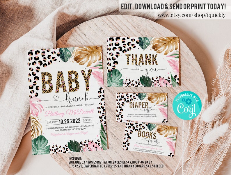 EDITABLE Leopard Print Baby Shower Invitations Set Girl Etsy