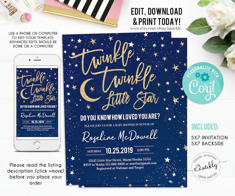 EDITABLE Twinkle Twinkle Little Star Baby Shower Invitation, Boy Shower, Navy and Gold invite, Instant Download Template Digital Little Star 