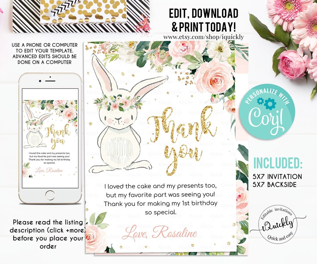 Bunny Thank You Card, EDITABLE Some Bunny Thank You Note, Pink Gold ...