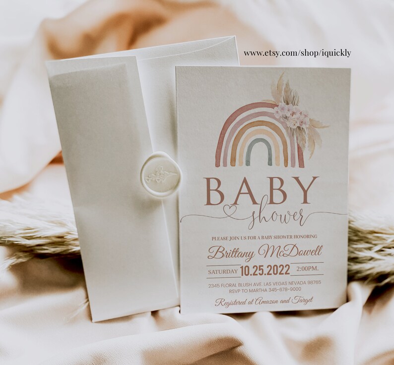 May include: A baby shower invitation with a watercolor rainbow design in shades of pink, orange, and blue. The text reads "Baby shower" and includes the name "Brittany McDowell" and the date "10.25.2022".