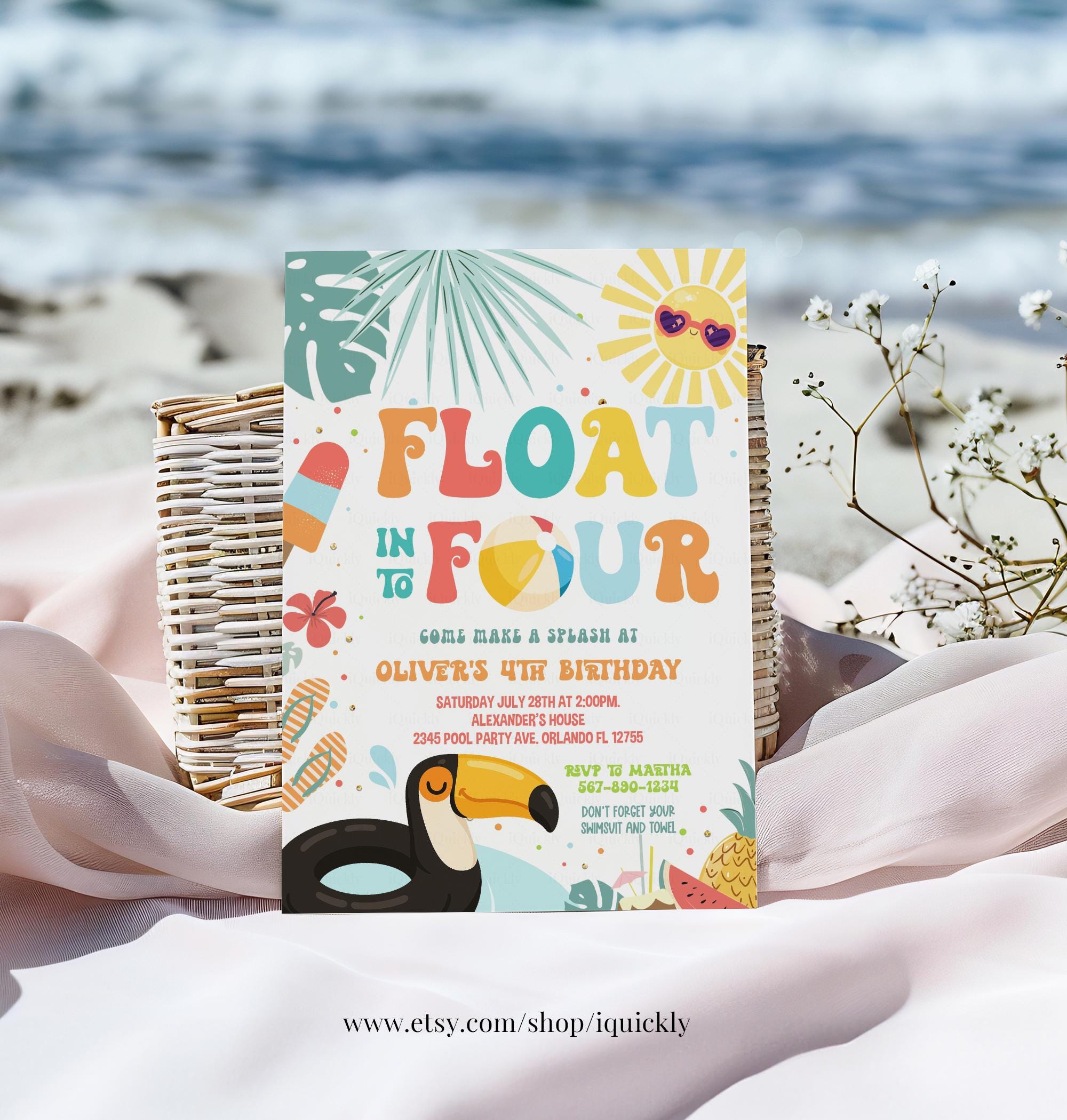 Floating Invite Float Into Four Invitation Editable Pool Party Invite Splish Splash 4th ...