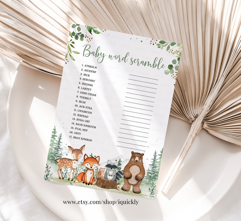 Woodland Baby Shower Games Baby Scramble Gender Neutral Woodland creatures animals Theme Template Instant download image 5