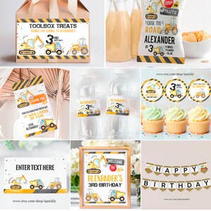 Op de afbeelding: Bouwthema feestdecoraties in een geel en zwart kleurenschema.  Bevat een welkomstbord, een banner, cupcake toppers, waterfleslabels, bedankkaartjes en een traktatiebox.  De tekst op het bord luidt "Welkom bij Alexanders 3e verjaardag". De banner luidt "Happy Birthday".