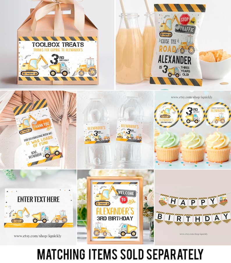 Op de afbeelding: Bouwthema feestdecoraties in een geel en zwart kleurenschema.  Bevat een welkomstbord, een banner, cupcake toppers, waterfleslabels, bedankkaartjes en een traktatiebox.  De tekst op het bord luidt "Welkom bij Alexanders 3e verjaardag". De banner luidt "Happy Birthday".