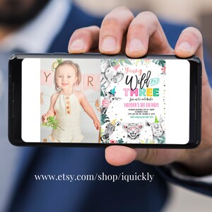 May include: A digital invitation for a child's third birthday party. The invitation features a jungle theme with colourful animals and the text "Young Wild and Three".