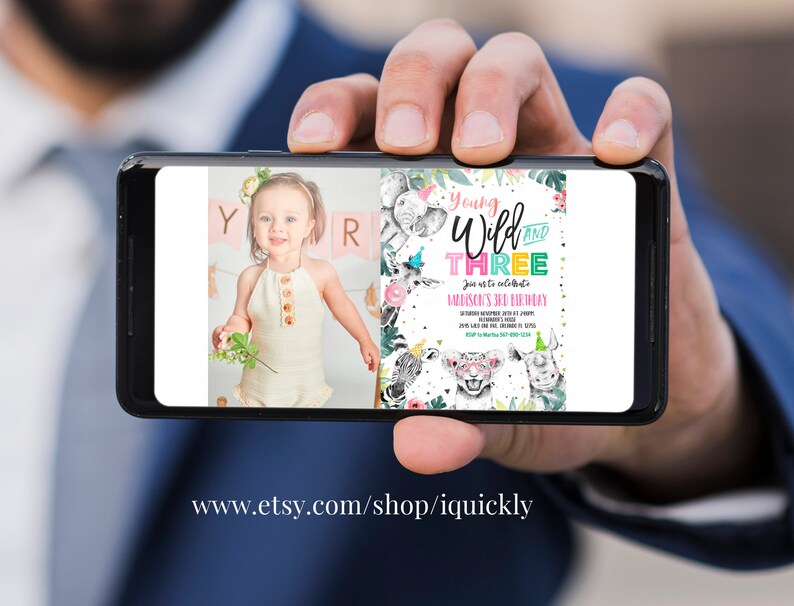 May include: A digital invitation for a child's third birthday party. The invitation features a jungle theme with colourful animals and the text "Young Wild and Three".