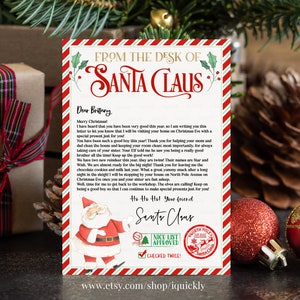 May include: A Christmas-themed letter from Santa Claus, featuring a red and white border and festive illustrations. The letter includes text and a Santa Claus illustration, with the words "Nice List Approved" and "Checked Twice!"
