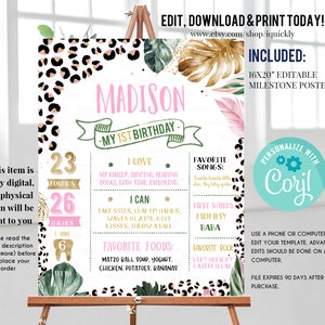 EDITABLE Leopard Milestone Cumpleaños Cartel Safari Primer Cumpleaños Pizarra signo Wild Jungle 1er cumpleaños Plantilla de descarga instantánea LE006