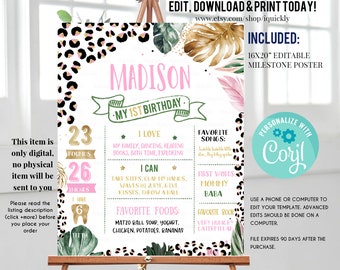 EDITABLE Leopard Milestone Birthday Poster Safari First Birthday Chalkboard sign Wild Jungle 1st birthday Instant download template LE006