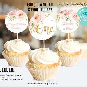 May include: Three printable cupcake toppers with pink floral designs and gold glitter accents. The toppers feature the text "Happy Birthday Rosaline!" "One" and "Rosaline is One!"  The toppers are 2.5 inches by 2.5 inches and can be printed 12 on a page.