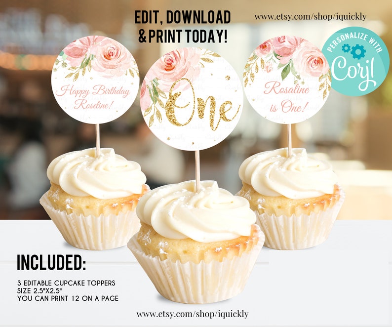 May include: Three printable cupcake toppers with pink floral designs and gold glitter accents. The toppers feature the text "Happy Birthday Rosaline!" "One" and "Rosaline is One!"  The toppers are 2.5 inches by 2.5 inches and can be printed 12 on a page.